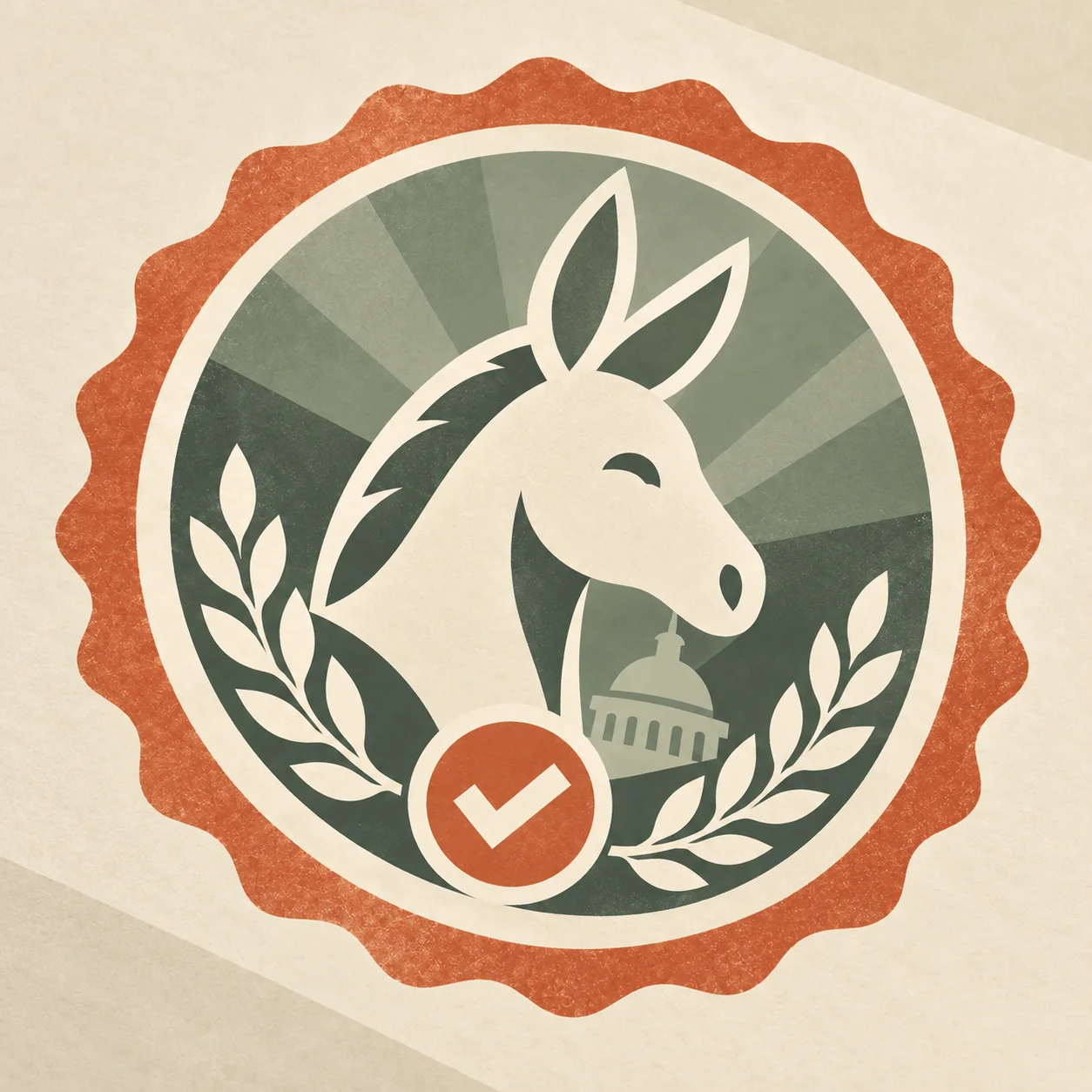 A donkey seal of approval with a check mark, laurel branches, and a capitol dome in muted green and rust.