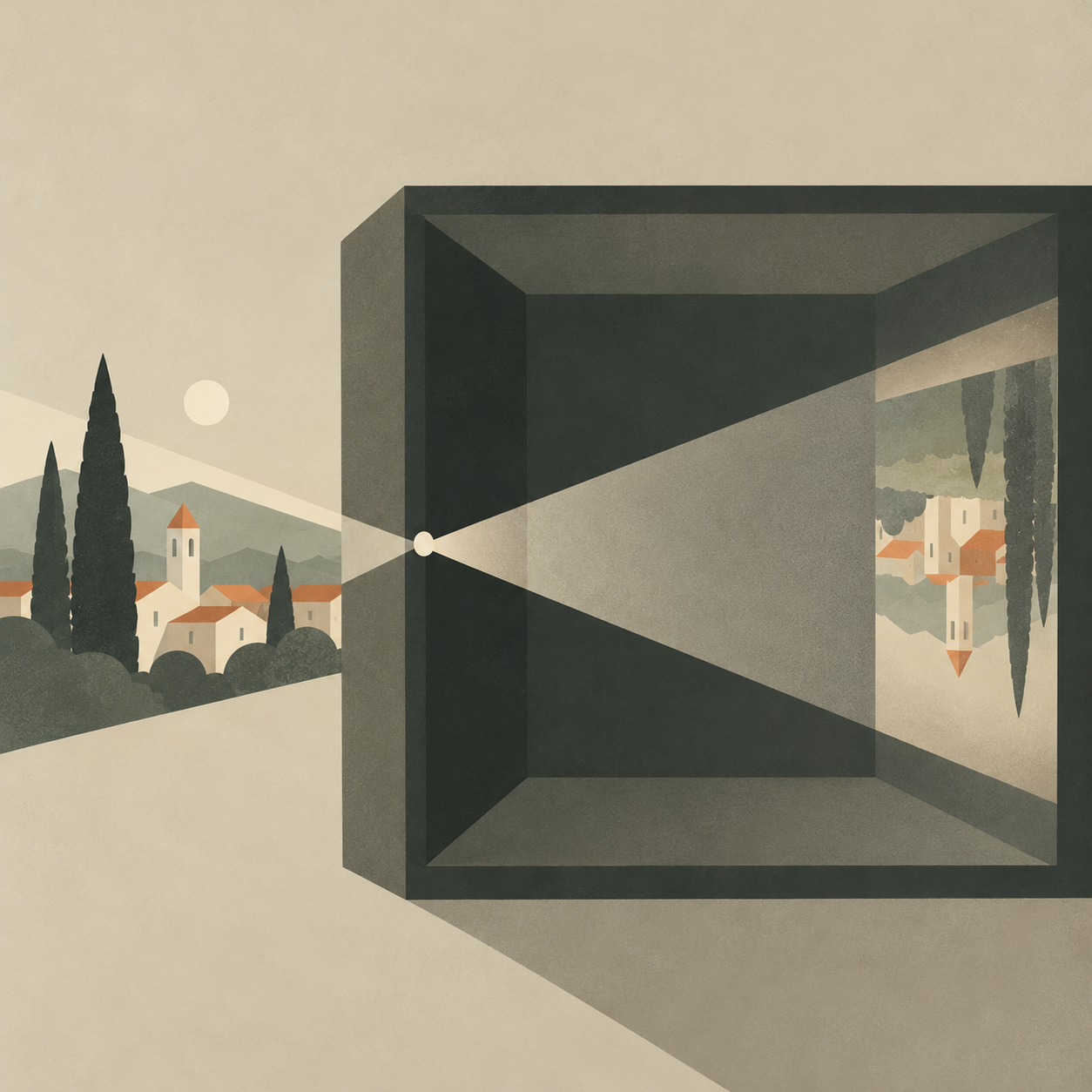 A camera obscura projects an upside-down view of a village through a small opening into a dark room.