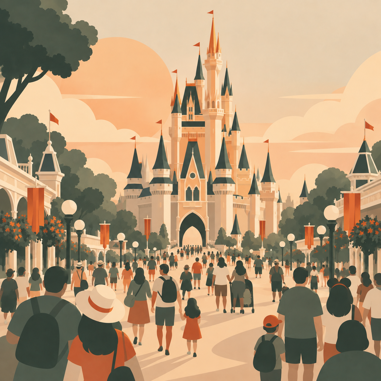 Visitors walk toward Cinderella Castle at the Magic Kingdom in a warm, muted illustration.