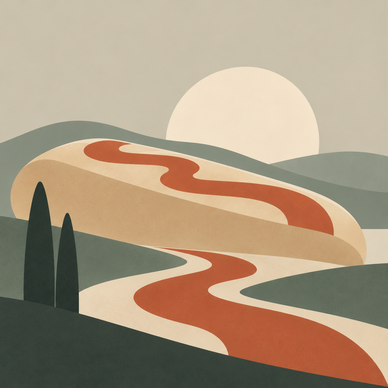 A giant hotdog with a winding ribbon of ketchup rests among muted green hills beneath a pale sun.