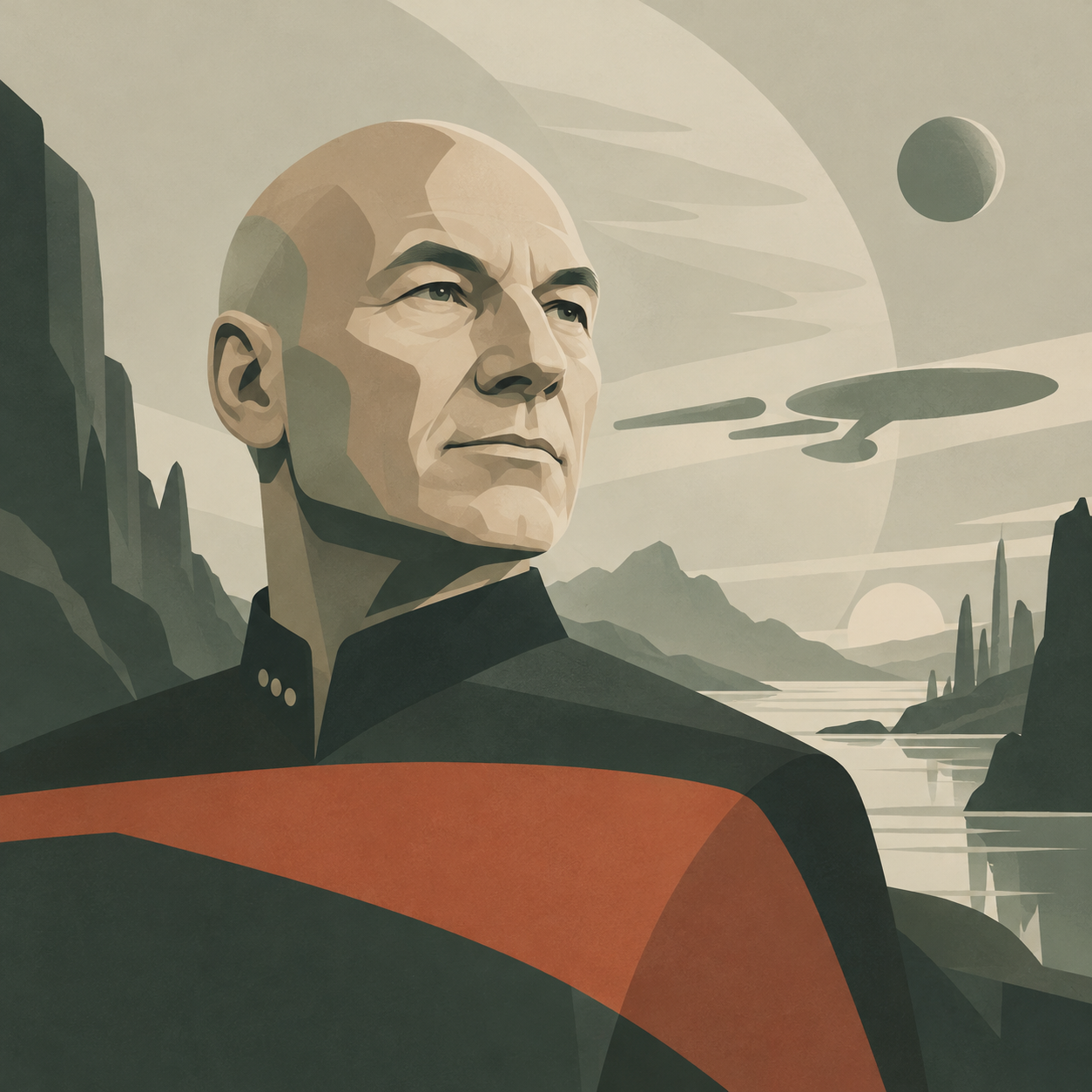 Jean-Luc Picard in his Starfleet uniform against a muted alien landscape with the Enterprise overhead.